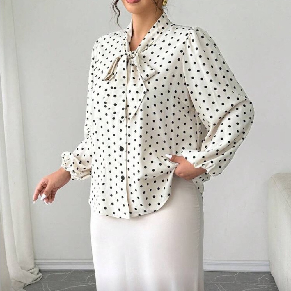 Classic Polka Dot Bow Tie Top Blouse Button Down Up Shirt